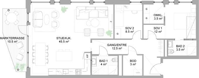 Standard planløsning: 4-roms leilighet